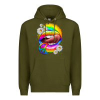 Army Green rainbow lips with daisies Premium Hoodie - texasbilliewilder