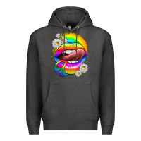 Charcoal Heather rainbow lips with daisies Premium Hoodie - texasbilliewilder