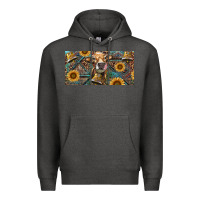 Charcoal Heather Cow With Aztec Leopard And Sunflower Premium Hoodie - RanaPortraitStore