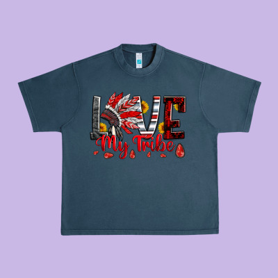 Red Black Grey White Love My Tribe Indian Headdres Urban Heavy Tee Designed By Artiststas