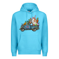 Ocean Blue Happy Easter Truck with Bunny Eggs And Carrot Premium Hoodie - RanaPortraitStore