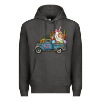 Charcoal Heather Happy Easter Truck with Bunny Eggs And Carrot Premium Hoodie - RanaPortraitStore