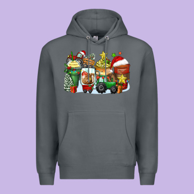 Christmas Tractor Coffee Cups Premium Hoodie Designed By Zillion Design Studio