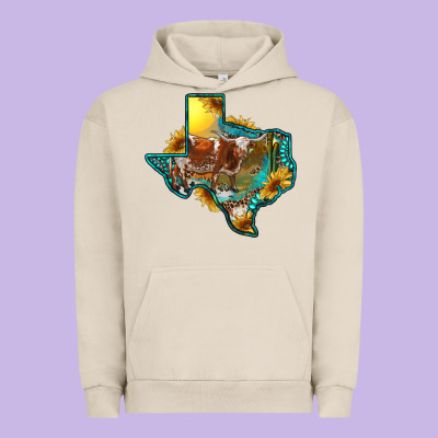 Urban Hoodie Western Texas Map With Longhorn Bull