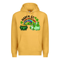 Mustard Happy Go Lucky Rainbow Shamrocks And Pot Of Gold Premium Hoodie - RanaPortraitStore