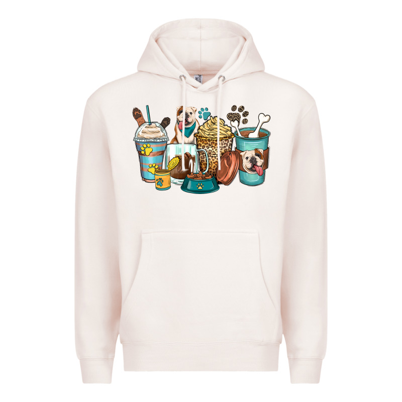 English Bulldog Coffee Cups Premium Hoodie by Zillion Design Studio | Teevron