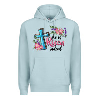 Blue Mist He Is Risen Indeed Cross And Flowers Premium Hoodie - RanaPortraitStore