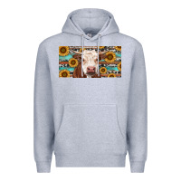 Heather Grey Heifer With Sunflower And Serape Premium Hoodie - RanaPortraitStore
