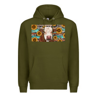 Army Green Heifer With Sunflower And Serape Premium Hoodie - RanaPortraitStore
