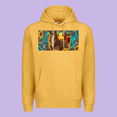 Horse And Desert With Sunflowers Gemstone Premium Hoodie Designed By Ranaportraitstore