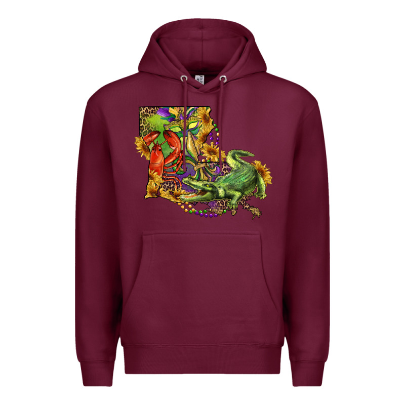 Louisiana Map With Mardi Gras Crocodile Premium Hoodie by RanaPortraitStore | Teevron