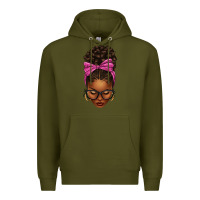 Army Green afro messy bun pink leopard bow Premium Hoodie - texasbilliewilder