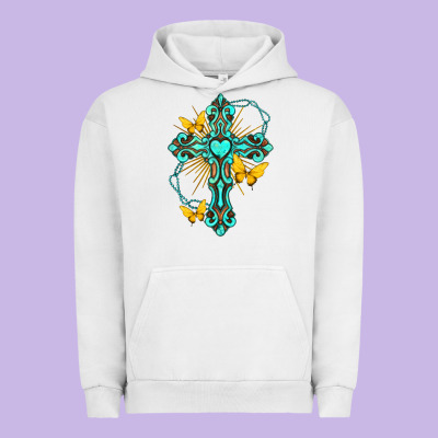 Urban Hoodie cross with heart shaped gemstone and butterfly