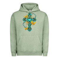 Pigment Oil Green cross with heart shaped gemstone and butterfly Urban Hoodie - texasbilliewilder