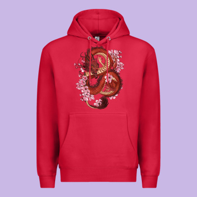 Red Dragon And Sakura Cherry Blossoms Premium Hoodie Designed By Ranaportraitstore