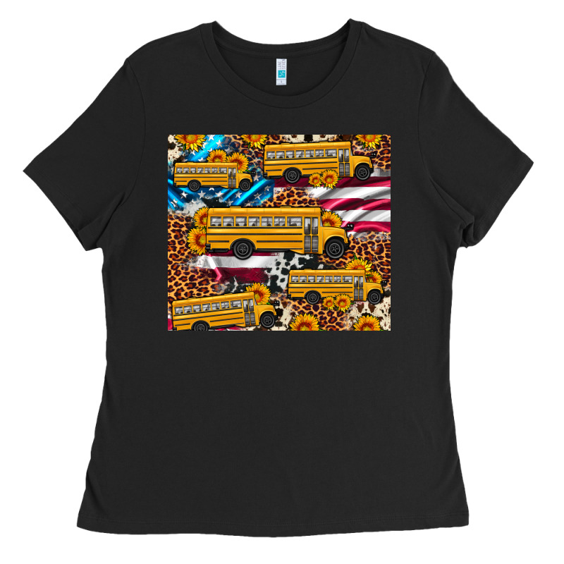 School Bus American Flag Sunflower Cowhide Leopard Ladies Tee by Artiststas | Teevron