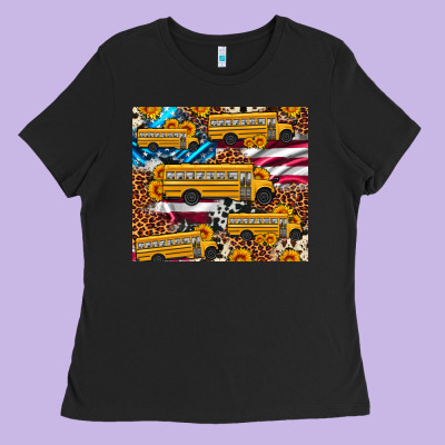 School Bus American Flag Sunflower Cowhide Leopard Ladies Tee Designed By Artiststas