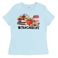 Baby Blue teacher life with books  pen and coffee Ladies Tee - Artiststas