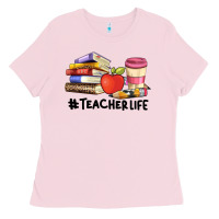 Bubblegum Pink teacher life with books  pen and coffee Ladies Tee - Artiststas