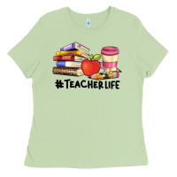 Matcha teacher life with books  pen and coffee Ladies Tee - Artiststas