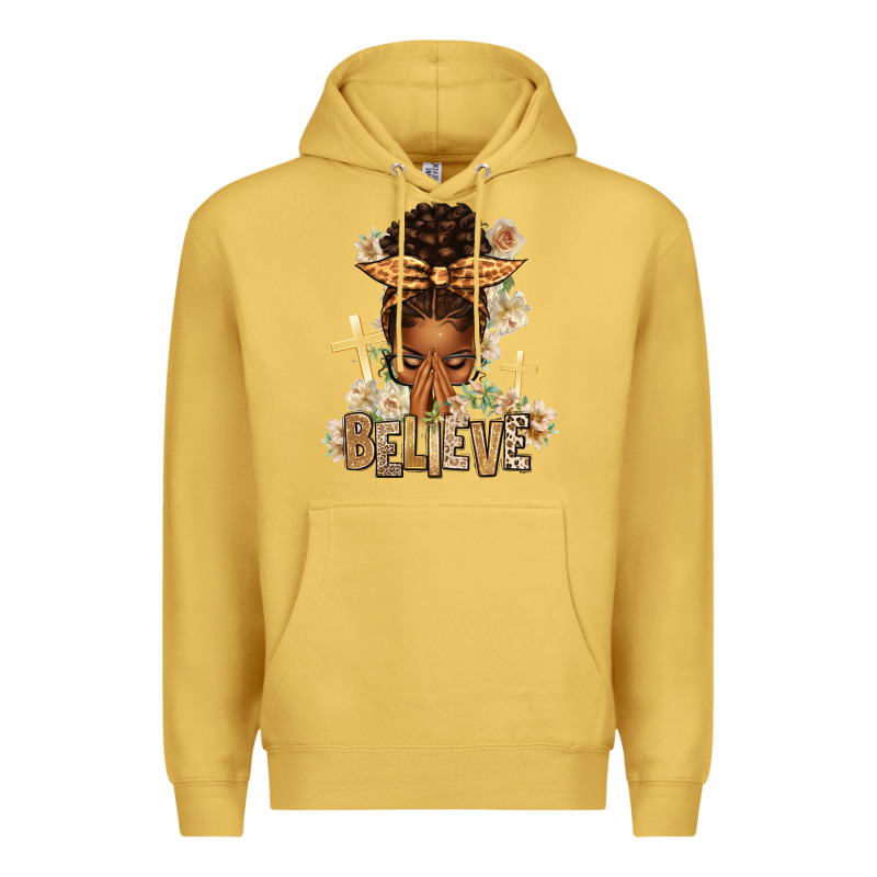 Believe Praying Afro Messy Bun Premium Hoodie by texasbilliewilder | Teevron