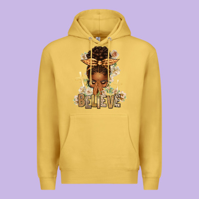 Believe Praying Afro Messy Bun Premium Hoodie Designed By Texasbilliewilder