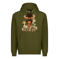 Army Green believe praying afro messy bun Premium Hoodie - texasbilliewilder