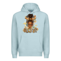 Blue Mist believe praying afro messy bun Premium Hoodie - texasbilliewilder