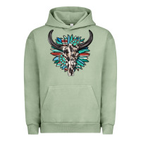 Pigment Oil Green western bull skull with sunflower and gemstone Urban Hoodie - texasbilliewilder