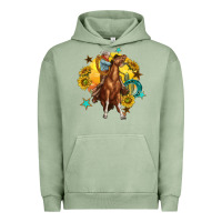 Pigment Oil Green bucking horse with cowboy and sunflower Urban Hoodie - texasbilliewilder
