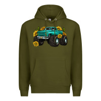 Army Green monster truck with sunflower western Premium Hoodie - texasbilliewilder