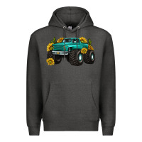 Charcoal Heather monster truck with sunflower western Premium Hoodie - texasbilliewilder