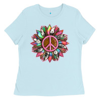 Baby Blue sunflower and tie dye with peace sign Ladies Tee - Artiststas