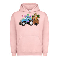 Pigment Salmon Happy Easter Tractor with Bunny Flowers and Carrot Urban Hoodie - RanaPortraitStore