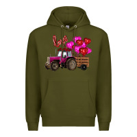 Army Green Valentine's day pink tractor with pin heart balloons Premium Hoodie - RanaPortraitStore
