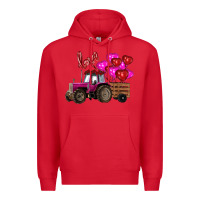 Red Valentine's day pink tractor with pin heart balloons Premium Hoodie - RanaPortraitStore