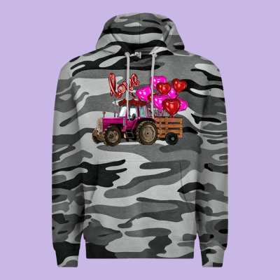 Premium Hoodie Valentine's day pink tractor with pin heart balloons
