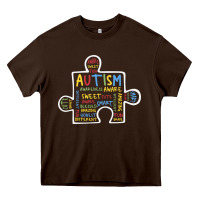 Chocolate Brown Autism Puzzle Piece Words Autistic Heavy Core Tee - CowhideDigitalArt