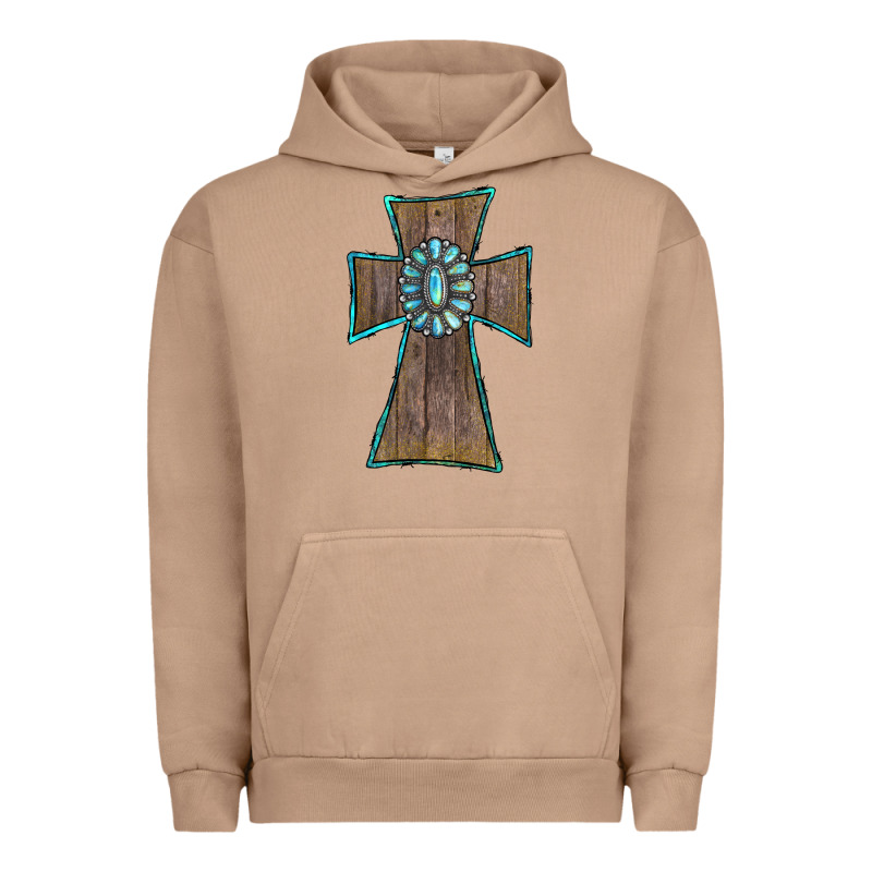Wood Turquoise Gemstone Cross Urban Hoodie by RanaPortraitStore | Teevron