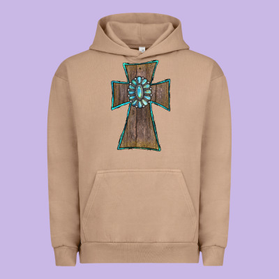Urban Hoodie Wood Turquoise Gemstone Cross