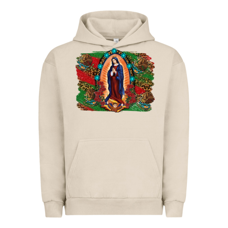 Mexican Flag Lady Of Guadalupe Distressed Backgrou Urban Hoodie by RanaPortraitStore | Teevron