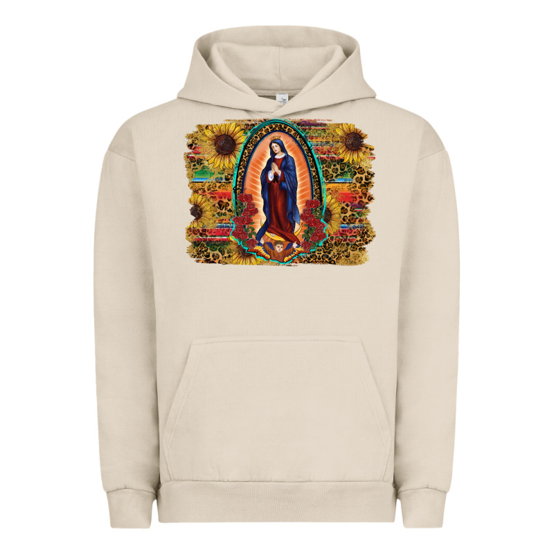 Sunflower Lady Of Guadalupe Distressed Background Urban Hoodie by RanaPortraitStore | Teevron