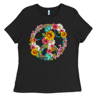 Black floral peace sign with gemstone Ladies Tee - Artiststas