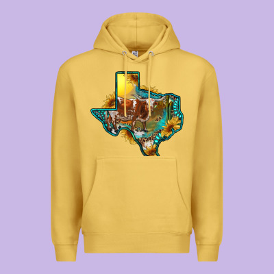 Premium Hoodie Western Texas Map With Longhorn Bull
