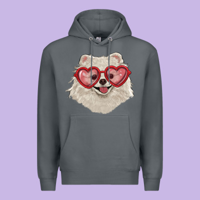 Premium Hoodie white pomeranian with love glasses