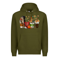 Army Green coffee cups indian headdress Premium Hoodie - texasbilliewilder