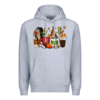 Heather Grey coffee cups indian headdress Premium Hoodie - texasbilliewilder