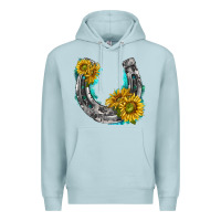 Blue Mist horseshoe cowhide and sunflowers Premium Hoodie - texasbilliewilder