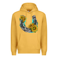 Mustard horseshoe cowhide and sunflowers Premium Hoodie - texasbilliewilder