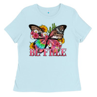 Baby Blue be free with butterfly and cactus flowers Ladies Tee - Artiststas